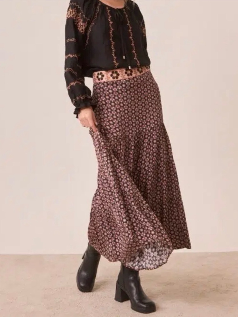 Bohemian Floral Midi Skirt in Brown and Pink